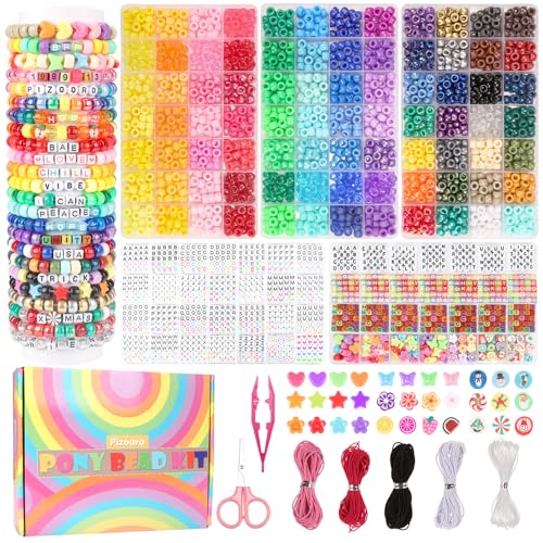 Pizooro 5 Boxes Pony Beads Bracelet Making Kit,3700 Pcs Kandi Bead for Friendship Bracelets Making with Letter Beads,Shaped Beads and Strings,84 Colors Rainbow Bracelet Beads for Craft,Birthday Gifts - color: 84 Colors