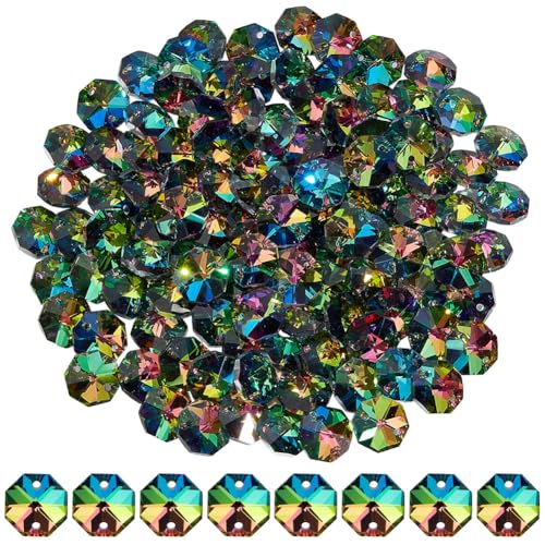 120Pcs Colorful 14mm Octagonal Crystal Beads 2 Holes Glass Octagon Prism Beads AB Color Crystal Chandelier Parts Replacement Suncatcher Faceted Spacers for DIY Lamp Hanging Pendant Jewelry - color: Colorful Green