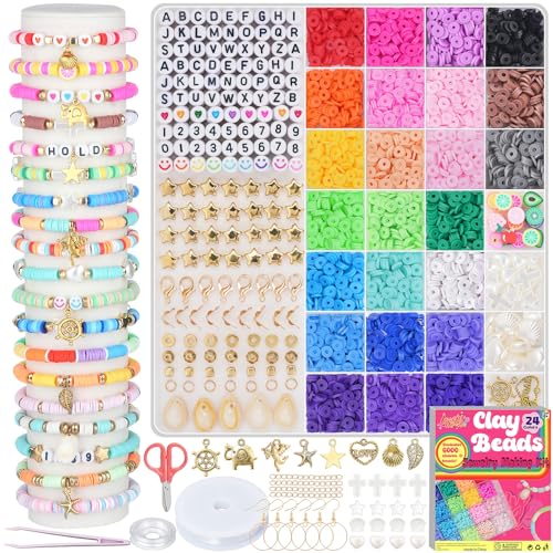 LovelyMoon Clay Beads Bracelet Making Kit 6000Pcs Preppy Flat Beads for Friendship Bracelet Jewelry Making Kit for Beginner Arts and Crafts Gifts for Teen Girls Kids Ages 6 7 8 9 10 11 12 - color: 24 Colors