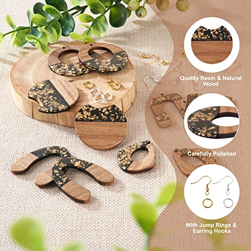FASHEWELRY 10Pcs Resin Wood Earrings Charms Teardrop Flat Round Wooden Earring Blanks Wooden Earring Findings for Earrings Making Kits with 60Pcs Earring Hooks & Jump Rings - color: 0Golden & Black-5 Shapes