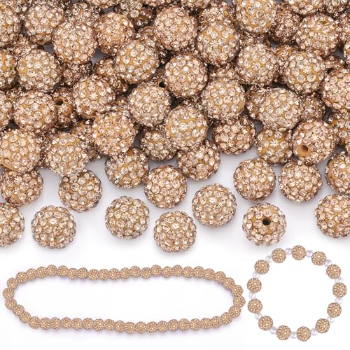 100 Pcs Light Brown Rhinestone Beads for Jewelry Making, Sparkle Crystal Clay Christmas for Bracelet Baseball Necklace Earring Crafting and DIY, Shiny Round Shamballa Disco Ball Beads Bulk - color: Light Brown, size: 100 pcs