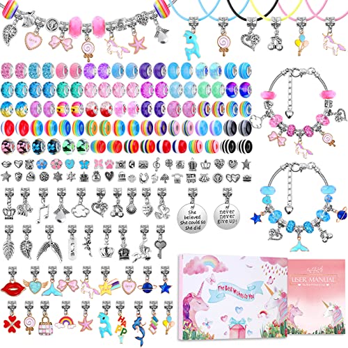 180 Pcs Charm Bracelet Making Kit for Girls, Unicorn Mermaid Crafts Gifts Set Charm Bracelets Kit DIY Arts & Crafts Making Supplies with Beads, Pendant, Bracelets, Necklace Cords Gift for Teens Girls