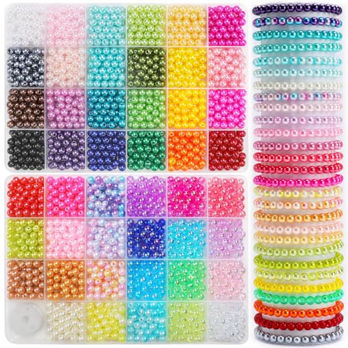 2400pcs Pearl Beads, 47 Colors Round Beads for Bracelets, Multicolor Bracelet Making Kit, for Jewelry Making with Elastic String, DIY Crafts Set (6mm)