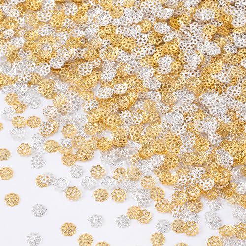 ANCIRS 2000pcs 7mm Spacer Beads Caps for Jewelry Making, Metal Flower Bead Caps for Bracelet Necklace- Gold & Silver - color: 2000pcs gold & silver