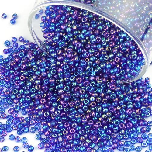 Size 3 mm 8/0 Glass Seed Beads, 5100 Pcs Small Mini Spacer Loose Pony Beads for Jewelry Making and DIY Crafts (AB Blue Purple) - color: AB Blue Purple, size: Medium