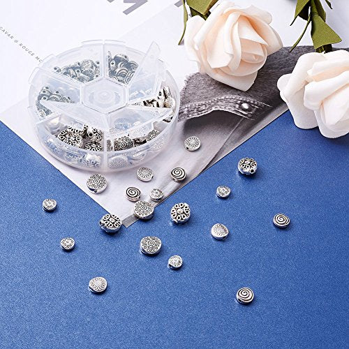 KISSITTY 175pcs/box 5 Styles Tibetan Antique Silver Flat Round Spacer Loose Beads 7mm 8mm 9mm 10mm 11mm Metal Rondelle Disc