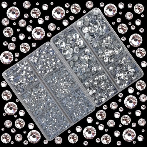 10000Pcs 2-Boxes Mixed Size Hot Fix Round Crystals Gems Glass Stones Hotfix Flat Back Rhinestones with Tweezers and Picking Pencil (Clear Crystal) - color: Clear Crystal, size: 2-Box (10000pcs)
