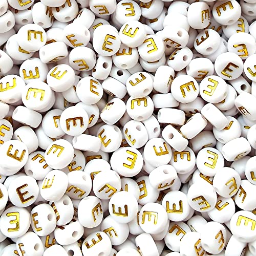 Amaney Vowel Letter Beads E 100pcs 7x4mm White Round Acrylic Gold Alphabet for Bracelet Jewelry Making - color: Gold-E
