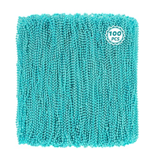 Huskein 100 PCS Lakeblue Beads Necklaces, 33" Round Beads Bulk, Mardi Gras Parade Accessories, Costume Necklaces for Parade Favors Accessories Decorations Festive Event Gender Reveal Party Supplies - color: Lakeblue