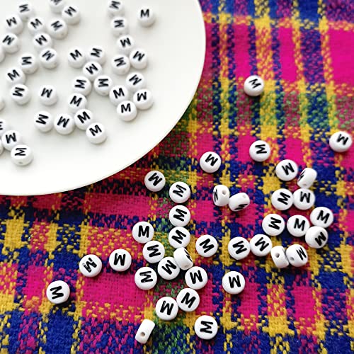 Amaney Letter Beads M 100pcs 7x4mm White Round Acrylic Black Alphabet for Bracelet Jewelry Making - color: M