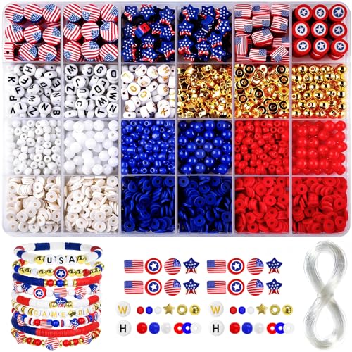 YXFEIR 2480pcs Clay Beads & Charms Jewelry Making Kit, 4th of July White Red Blue Beads Bracelet with Clay Beads Glass Seed Beads, Patriotic-Themed Bracelet Making Kit with Letter Beads and Charms