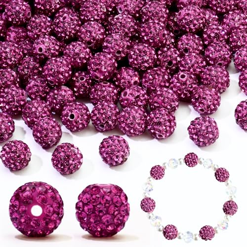 Dowarm 110PCS 10MM Fuchsia Rhinestone Beads for Jewelry Making, Round Polymer Clay Crystal Beads for Crafts Bracelet Baseball Necklace Beaded Pen, Fancy Shamballa Pave Diamond Bead - color: 07-Fuchsia, size: 10MM