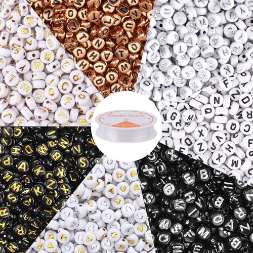 1900Pcs 7 Colors Round Letter Beads 4×7mm Acrylic Alphabet Beads with 1 Roll Elastic String for Bracelet Necklace Jewelry Making Supplies - color: 7 Colors-B