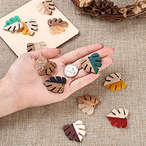 Beadthoven 22pcs/11 Pairs Natural Wood Resin Charms Monstera Leaf DIY Earrings Pendants Mixed Colors Tropical Palm Leaves Wooden Pieces Pendants for Statement Jewelry Making Findings - color: Monstera Leaf