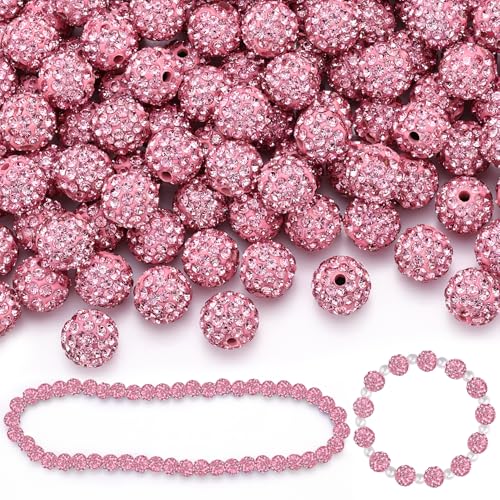 100 Pcs Pink Rhinestone Beads for Jewelry Making, Sparkle Crystal Clay Christmas for Bracelet Baseball Necklace Earring Crafting and DIY, Shiny Round Shamballa Disco Ball Beads Bulk - color: Pink, size: 100 pcs