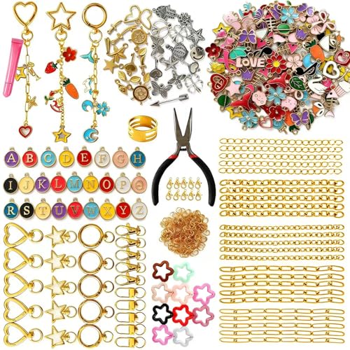 428Pcs Charms Lip Gloss Keychain Making Kit, DIY Craft Keychain Making Supplies with Charms, Jump Rings, Lobster Clasps, Key Chain Hooks, Extender Chains & Plier, Diy Bag Charm Kit for Craft Supplies