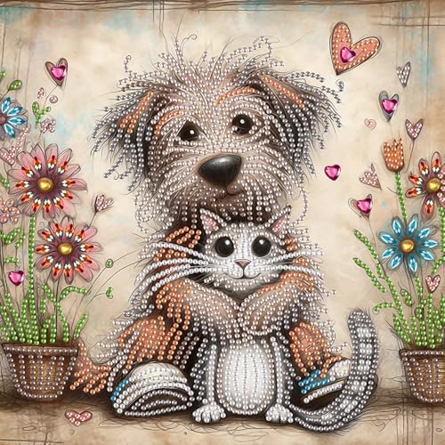 AiYuanzsh 5D Special Shape Diamond Art Kits for Beginners, Diamond Art Painting Kits for Adults, Crystal Rhinestones Diamond Art Painting for Home Wall Decoration Gift 12×12 inch, Cat and Dog - color: Cat and Dog