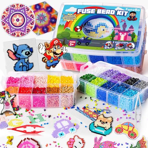 FUNZBO 23000 5mm Fuse Beads Kit - 22 Colors | 106 Patterns, School Arts and Crafts Supplies for Kids, Toys Set, Art Decorations for Room, Birthday Gifts for Girls and Boys Age 5+ - size: 23000 pcs with Pegboards