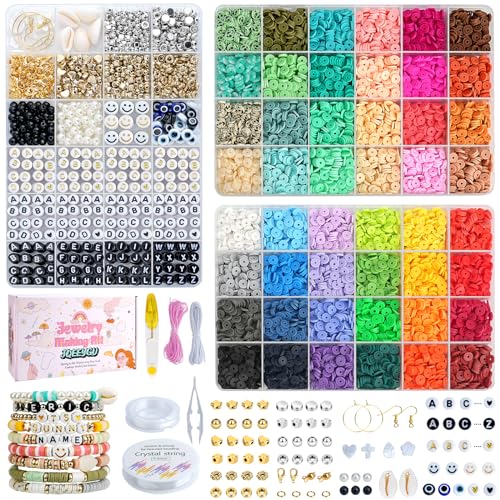 JQEEYGV Bracelet Making Kit 3 Boxes - 11,000pcs Clay Beads - 48 Fashion Colors Beads for Friendship Bracelet Kit - Polymer Heishi Letter Beads for Jewelry Making - Adults Teen Girls Trendy Gift - color: 11,000pcs, 48 Trendy Colors