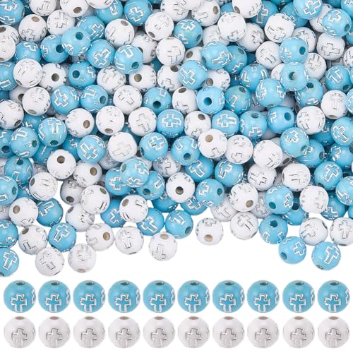500Pcs Cross Round Beads Crucifix Bead Acrylic Silver Easter Cross Pattern White Blue Ball Shaped Loose Spacers for Bracelets Earrings Necklaces Jewelry Making DIY Crafting Holy Accessories - color: White, Blue