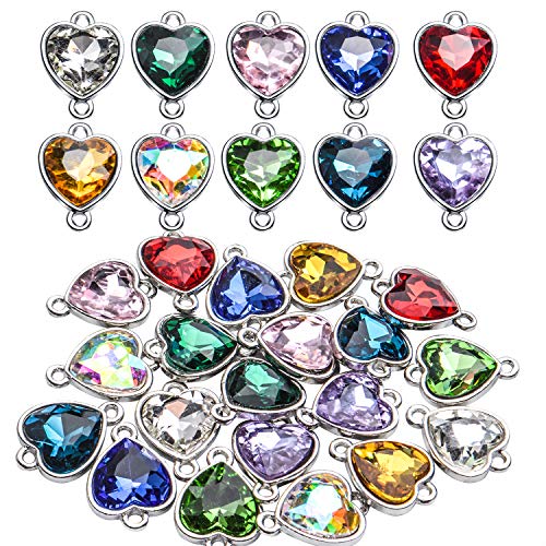 BronaGrand Crystal Birthstone Pendants, 20pcs Mixed Colors Heart Crystal Birthstone Charms Glass Gemstone Pendants Flat Round Glass Links Charms with Double Loop Bail Connectors for Jewelry Making