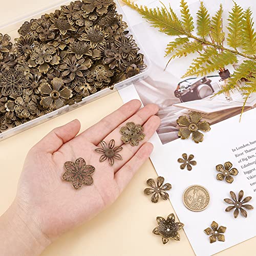 PandaHall 200pcs Flower Spacer Beads, 10 Styles Iron Flower Bead Cap Filigree Tibetan End Caps for DIY Earrings Bracekets Necklace Jewelry Craft Making Supplies, Antique Bronze - color: Antique Bronze
