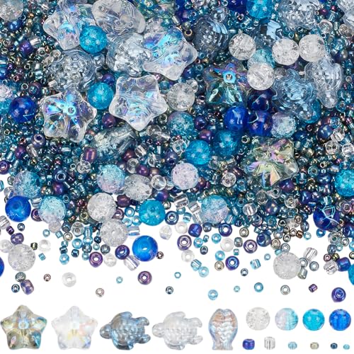 SUNNYCLUE 1 Box 3000+Pcs Starfish Beads Bulk Ocean Themed Beads Blue Sea Turtle Bead Glass Ocean Beads Summer Hawaii Beach Beads Glass Spacer Beads for Jewelry Making DIY Bracelet Earrings Necklace - style: Ocean 2