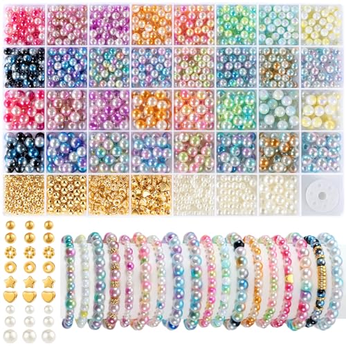 Funtopia Pearl Beads for Bracelets, 6mm 8mm Colorful Round Beads for Jewelry Making, 1642pcs Bracelet Making Kit with Gold Small Spacer Beads for Crafting Bracelet Necklace Earrings DIY - color: 5.Multicolor