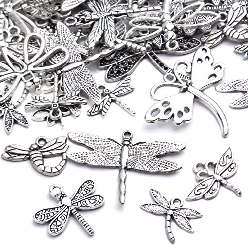 100g (About 50-80pcs) Antique Silver Dragonfly Charms Tibetan Insect Charms Pendants Craft Supplies for Bracelets Necklace Jewelry Making - style: Silver Dragonfly Charms