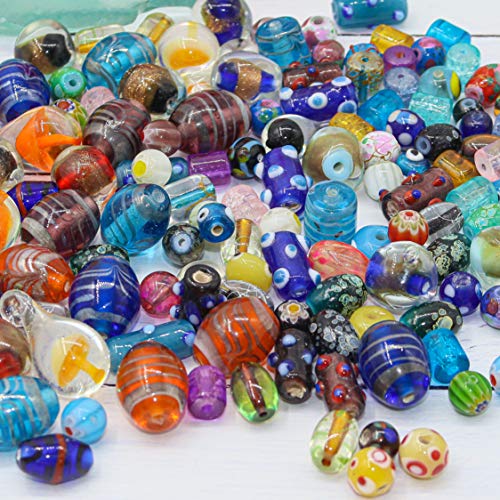 Assorted Glass Beads for Jewelry Making Adults, Bulk Glass Beads for Crafts, Lampwork Murano Bead Mix for Bracelets and Necklaces, Crafting Beads Supplies Kit, Large & Small Beads