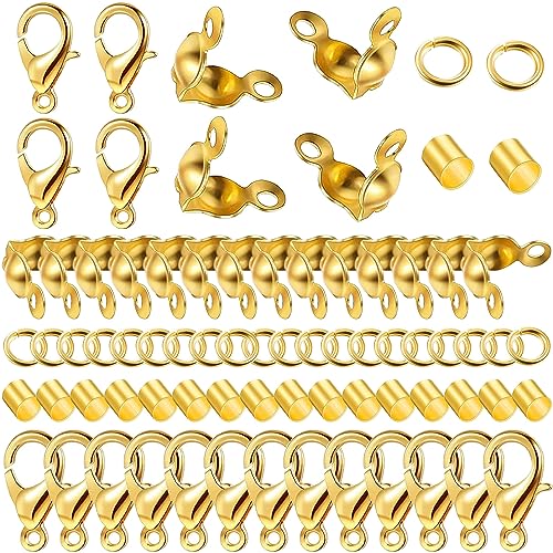 1200 Pcs Jewelry Making Accessories Set with 100 Pieces Lobster Claw Clasp 300 Pieces Bead Tips Knot Covers 400 Pieces Crimp Tube Beads and 400 Pieces Open Jump Ring Connectors for DIY Jewelry (Gold) - color: Gold