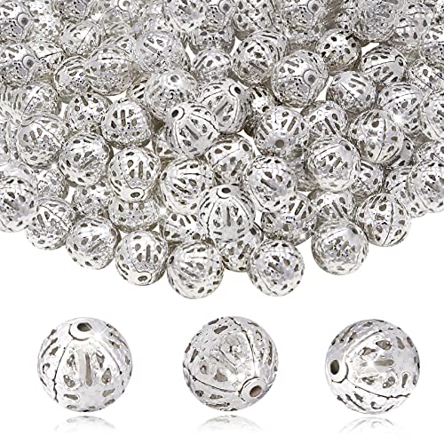 TOAOB 100pcs 8mm Silver Plated Filigree Hollow Ball Beads Round Metal Loose Spacer Beads for DIY Crafts Bracelets Necklaces Earrings Jewelry Making - color: Silver, size: 8mm