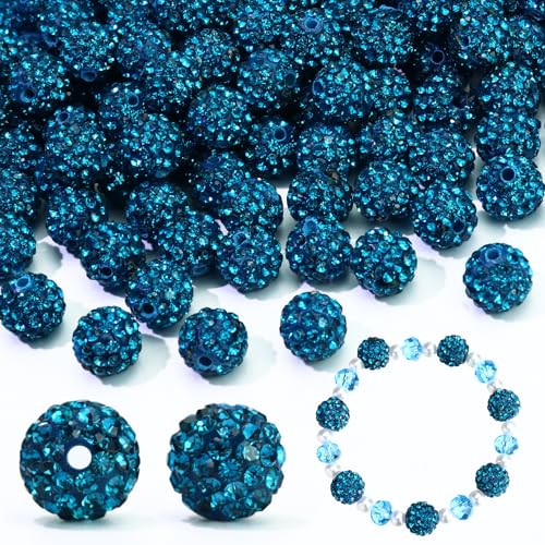 Dowarm 110PCS 10MM Rhinestone Beads for Jewelry Making, Round Polymer Clay Crystal Beads for Crafts Bracelet Necklace Earring Beaded Pen, Fancy Shamballa Disco Ball Diamond Bead - color: 11-Peacock Blue, size: 10MM