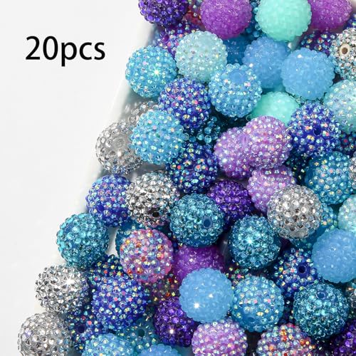 20mm Rhinestone Beads 20pcs Chunky Bubblegum Beads Beadable Pen Beads Shine Disco Ball Beads Jumbo Plastic Beads for Necklace Jewelry Bracelets DIY Crafts Making (bluepurple) - color: bluepurple