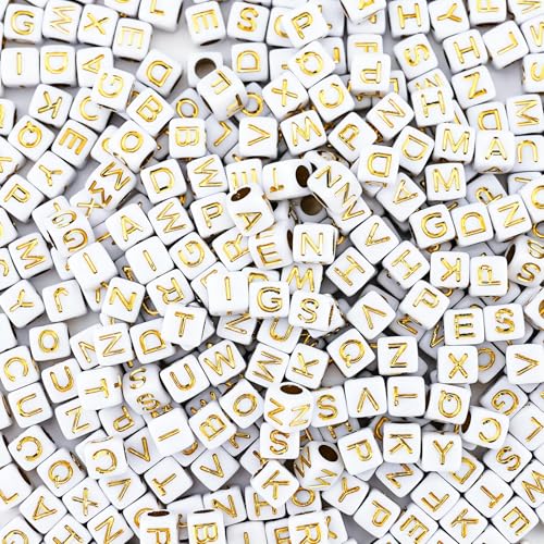 800Pcs White and Gold Square Letter Beads A-Z, 6X6mm Acrylic Cube Alphabet Beads for Jewelry Making - color: Gold Letters White Beads