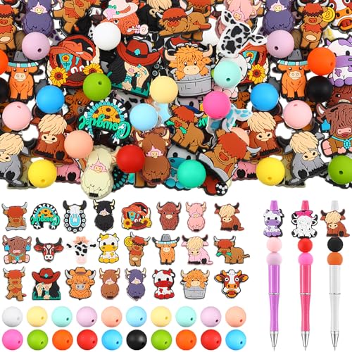 Ferreve 138 Pcs Highland Cow Silicone Beads 48 Highland Cows Charms 90 Complementary Bead for DIY Pen Keychain Jewelry Making Soft Silicone Craft Beads with Assorted Designs - color: Highland Cow Style