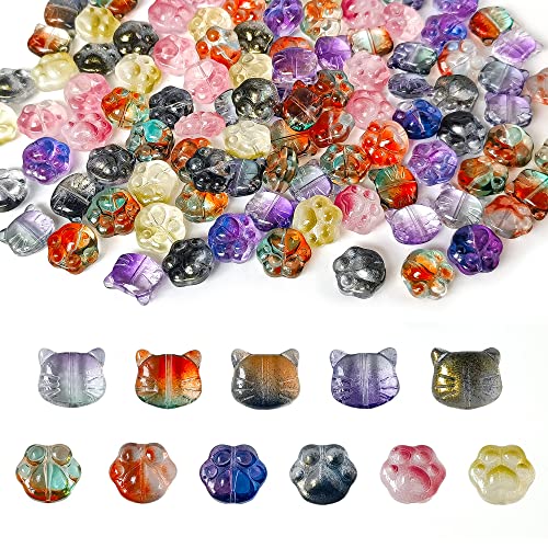 110pcs Cat Paw Print Glass Beads Crystal Cat Footprint Lampwork Beads 11 Styles Cute Pet Paw Loose Beads for DIY Craft Jewelry Necklace Earring Bracelet Making