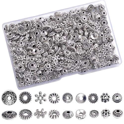 460Pcs Antique Silver Spacer Beads for Jewelry Making, Small Metal Flat Flower Beads, Bracelet, Necklace, Earring Findings & Supplies (460)