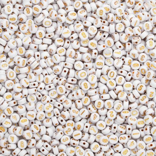 LAIDANLA 1000PCS Acrylic Number Beads Gold Number White Round Bead 7×4mm for Jewelry Bracelets Necklaces Key Chains Making - color: U-Gold Number White Beads