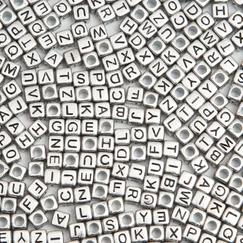 1000pcs Square Letter Beads for Bracelets, 6x6mm Silvery Cube Alphabet A-Z Beads for Jewelry Making Friendship Bracelets (Cube Silver) - color: 6x6mm silver
