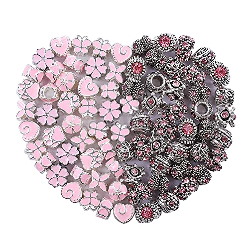 60 Pieces Assorted European Beads with Plating Silver Metal Alloy Rhinestone Large Hole Spacer Beads for DIY Charm Bracelet Jewelry Making (Pink) - color: Pink