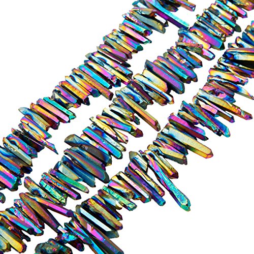 rockcloud Natural Rock Crystal Points Titanium Coated Clear Quartz Sticks Spikes Top Drilled 15 inch Strand,Rainbow - color: #26-Rainbow(Small)