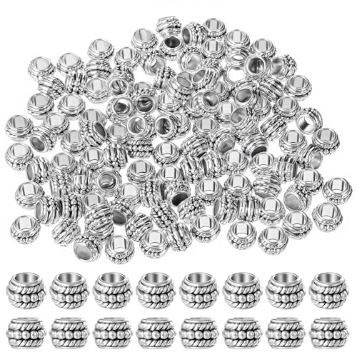120 Pcs Silver Spacer Beads Tibetan Antique Silver Large Hole Spacers Beads Metal Loose Spacer Bead for DIY Necklace Bracelet Jewelry Crafts Making (8×6mm, Hole:4.5mm)