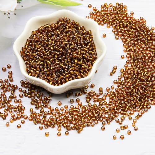 Transparent Light Brown with Silver Lined Beads Size 8/0 Crafts Glass Seed Beads 3mm for Jewelry Making (Total About 100g About 3600pcs) - color: Transparent Light Brown with Silver Lined, size: 3mm