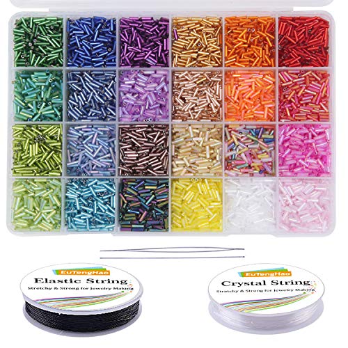 EuTengHao 9600pcs Tube Beads Kit Glass Bugle Seed Beads Small Craft Beads for DIY Bracelet Necklaces Crafting Jewelry Making Supplies with Two Crystal String (7mm, 400 Per Color, 24 Colors) - size: 7mm