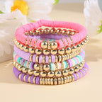 Pingyongchang Heishi Gold Beaded Bracelets Set for Women Men Bohemian Polymer Clay Colorful Surfer Vinyl Disc Stretch Layering Stackable Friendship Boho Bracelet Summer Beach Jewelry Gifts - color: Purple