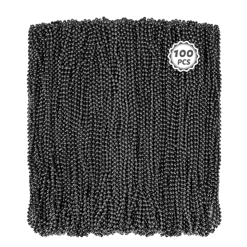 Huskein 100 PCS Mardi Gras Beads Bulk, 33" Black Mardi Gras Beaded Necklace, Round Black Beads Stuff Set, Parade Accessories Set Party Favors Carnival Decorations - color: Black