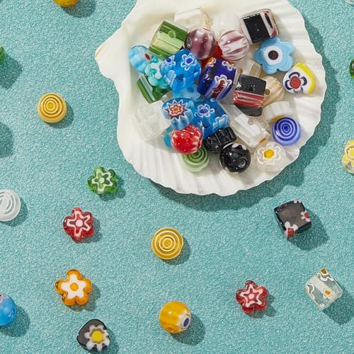 1 Box 6 Styles 180PCS Mixed Millefiori Handmade Lampwork Glass Beads with Holes Assorted Flower Heart Flat Round Shape Cube Loose Charms Bead for Jewelry Making Bracelets DIY Craft Supply - size: 180Pcs 6mm, style: Mixed