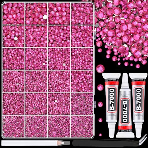 25000Pcs Resin Rhinestones with Tweezers for Crafting, Hot Pink 2-6mm Mixed Sizes Bedazzling Crystal with 3Pcs 10ml B7000 Jewelry Glue for DIY Crafts Clothing Tumblers Shoes Fabric Nail Art - color: Hot Pink, size: Large Pack + 3Pcs Glue