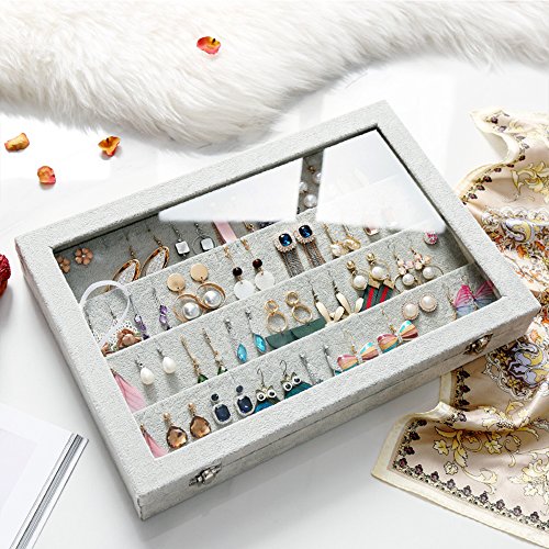 Wudygirl Velvet Jewelry Organizer Clear Lid Earring Holder Organizer 32 Pairs Earrings Storage Stud Tray Showcase Display Case（Earring Storage） - style: Earring Tray